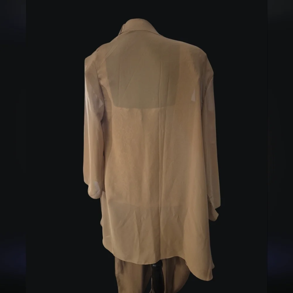 Elegant Nude Taupe Lace Corset Top Chiffon Shrug Wide Leg Pant Suit Set - Size X - Picture 6 of 6